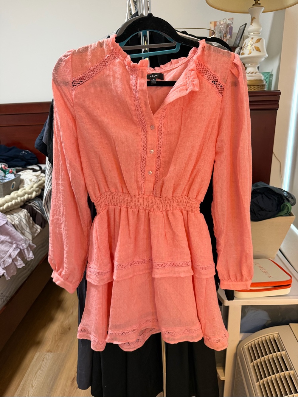 AQUA Coral Long-Sleeve Smocked-Waist Dress Size Small